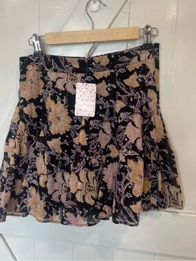 Free People Black Floral Pleated Mini Skirt with peach & Lavender Floral Bloom